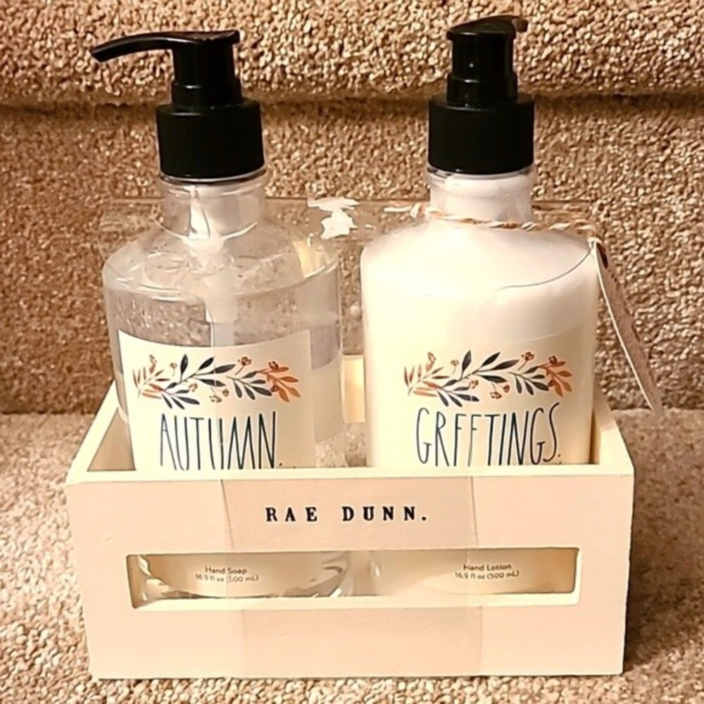 Rae Dunn "Autumn Greetings" Hand Soap & Lotion Duo in Cranberry Apple Scent NEW!
